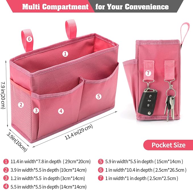 Bunk Bed Organizer, Bedside Caddy Hanging Storage Bag, Pink | 4 Pockets and 2 Hooks, For Dorm, Hospital, Baby Bed Rails, 600D Oxford Cloth