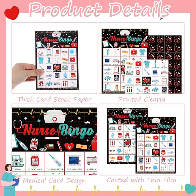 Shappy 35 Pcs Nurse Bingo Game 24 Players Nurse Graduation Party Bingo Game Cards RN Graduation Party Favor Supplies for Holiday Outdoor Indoor Grad Birthday Favors Gifts