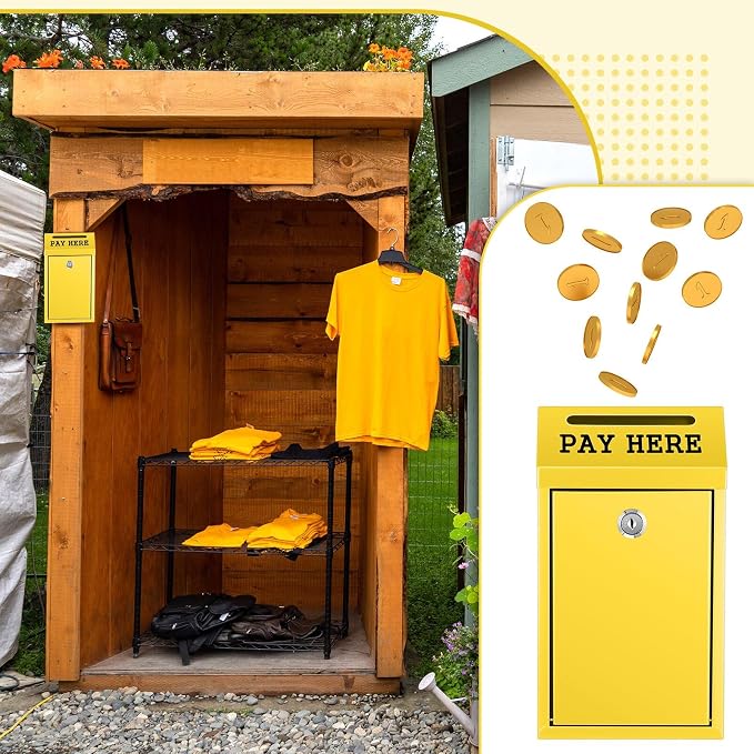 Yaocom Safe Metal Cash Box for Farm Stand – Money Drop and Secure Donation Collection, Wall Mount Lockable Unit with Pre Drilled Holes for Outdoor Self Serve(Yellow,10.2 x 5.7 x 2.8 Inch)