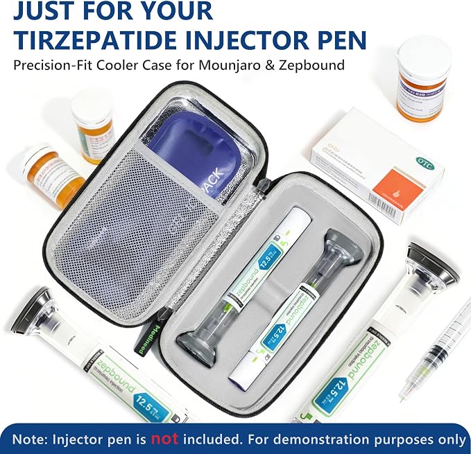 Portable Insulated Cooler Travel Case Fits 2 Zepbound Injector Pens, Tirzepatide Travel Case TSA Approved with 2PCS Reusable Ice Packs, EVA Medicine Organizer for Daily Use (Black,Big)