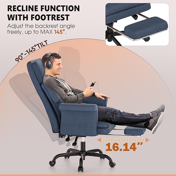 ELABEST C39 Cross Legged Office Chair with Footrest & Convertible Armrests-Pet-Friendly Criss Cross Home Desk Chair, Ergonomic Recliner with Lumbar Pillow,Big and Tall Executive Chair