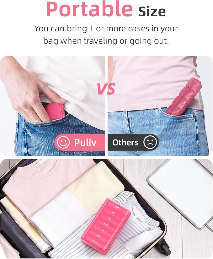 PULIV Weekly Pill Organizer with Large Capacity, Dual Protection Pill Box 7 Day, Arthritis Friendly Pill Case Easy to Open, Medicine Organizer for Vitamins, Medications, Fish Oils, Supplements (Pink)