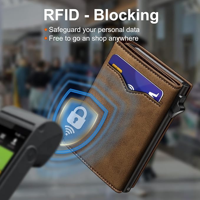 Wallet for Men,with Cash Pocket 2 ID Window 9-13 Cards,Metal Case Smart Slim Pop Up Credit Card Holder Flip with Magnetic Closure RFID Blocking Trifold wallet with Gift Box