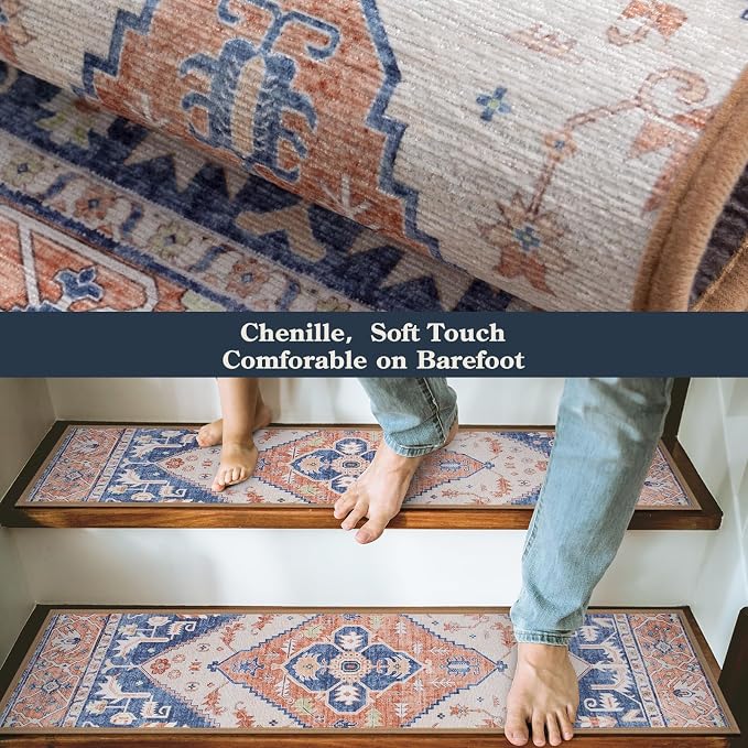Lahome Non Slip Peel and Stick Stair Treads 15 Pack 8" X 30" Carpet Treads for Wood Stairs, Washable Self Adhesive Mat Edging Staircase for Tenant Defend The Steps from Scratches Dorie,Blue-Tan