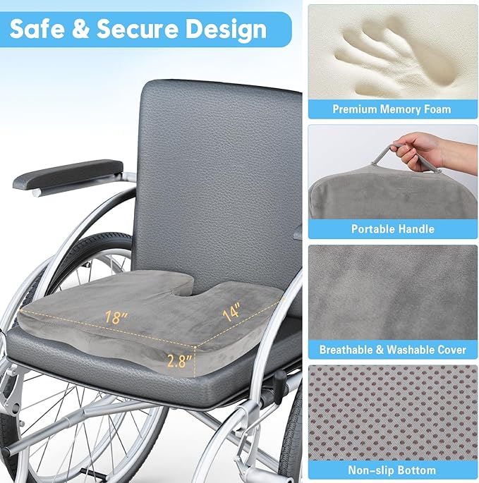 Wheelchair Seat Cushion with Memory Foam - Relieves Sciatica, Back & Tailbone Pain, Pressure Relief Design for Comfort & Posture Support, Non-Slip Bottom, 18"x14"x2.8" (Grey)