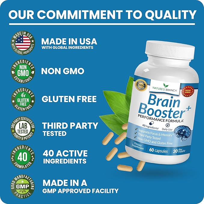 40-in-1 Brain Booster Supplement for Focus, Memory, Clarity, Energy | Advanced Vitamins Plus eBook | for Men & Women, Cognitive Function Nootropic Support with DMAE, Mind Health Formula | 60 Capsules