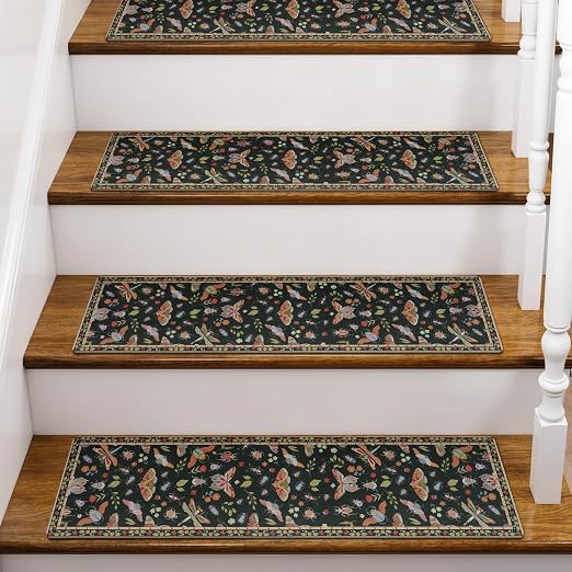 OJIA Insect Stair Treads Non Slip Stair Runners for Wooden Steps 4PC 8"x30" | Indoor Stair Runner Rubber Carpet Stair Treads for Wood Stairs Staircase Step Treads for Kids & Dogs, Stair Covers, Black