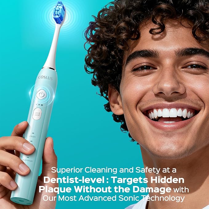 COSLUS Sonic Electric Toothbrush for Adults & Kids: 3 Intensities & 5 Modes Gum-Friendly for Deep Cleaning & Whitening - 2 Types of Heads for Family, Sensitive Teeth, Braces, Travel Home, Green, 1PC