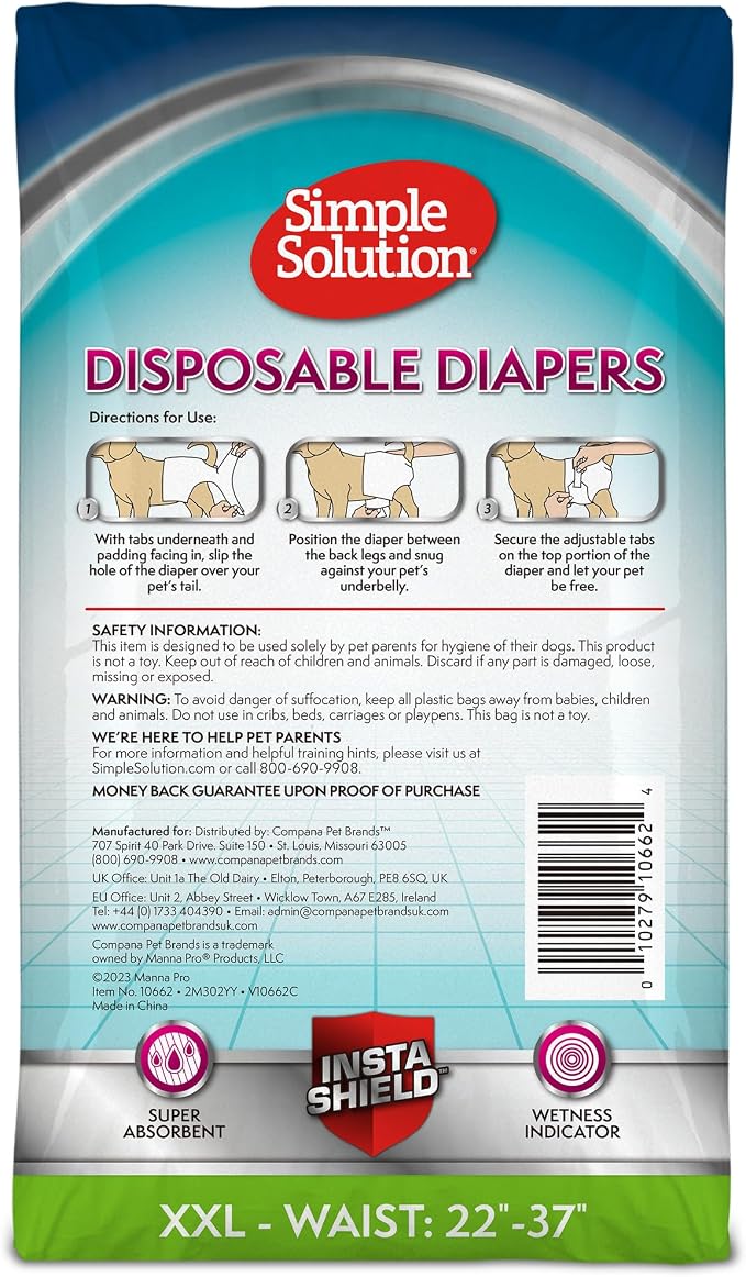 Simple Solution Dog Diapers Female, Dog Diapers, Potty Training, Super Absorbent, Breathable, Wetness Indicator for Urination, 22-37 Inch Waist, (XXL,), 30 Count (Pack of 12)
