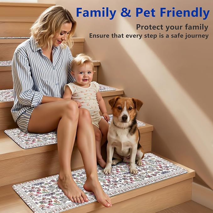 Vintage Floral Stair Treads Non Slip Carpet Stair Treads for Wooden Steps Indoor 15PCS 30"x8" Stair Runner Stair Mats Safety Staircase Step Treads for Elders Kids Dogs White