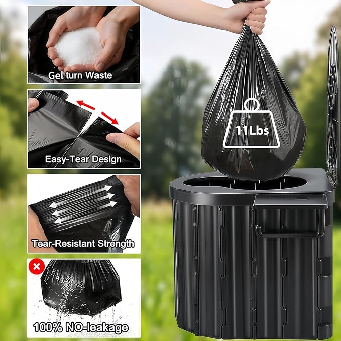 UOPBYEA Portable Camping Toilet for Adults With Urine Gel & Leak-Proof Bags | Washable, 12-Inch Extra Wide Seat, With Handle and Bracket, For Camping, Tent, Outdoor, Travel, RV, Car, Beach, Trucker, Boat