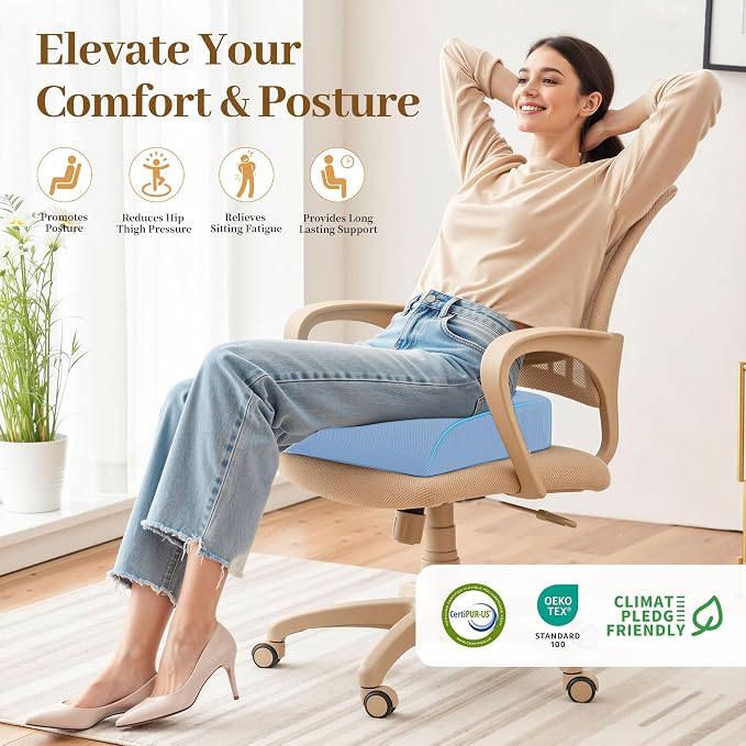 TranquilRelax Memory Foam Seat Cushion for Office Chair, 3-Inch, Light Blue | Medium-firm Support for Long Sitting, Washable Mesh Cover, Non-slip Base, Perfect for Car Seats & Short Drivers