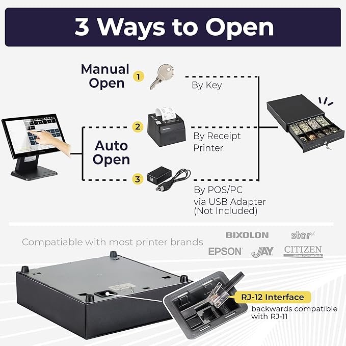 Volcora 13" Electronic Cash Register Drawer for Point of Sale (POS) System with 4 Bill 5 Coin Cash Tray, Removable Coin Compartment, 12-24V, RJ11/RJ12 Key-Lock, Black - for Small Businesses