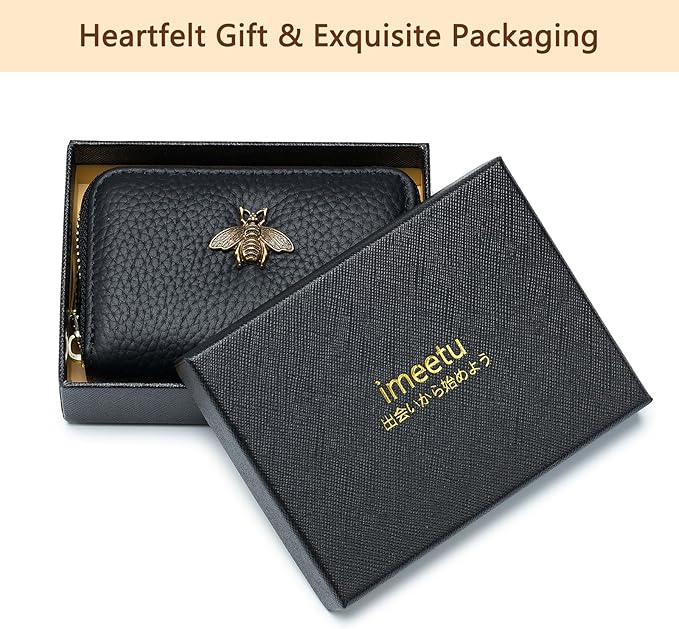 imeetu RFID Credit Card Holder, Small Card Wallet Women, Leather Card Case | Genuine Leather Women's Card & id Cases, Change Coin Purse with Zipper Keychain id Window, 20 Colors & 3 Styles, Daily, Gifts