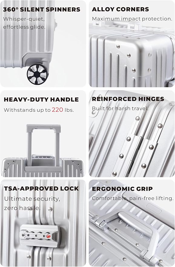 26-Inch Aluminum Frame Hardside Checked Luggage, Metallic Silver | Zipperless large PC suitcase, family travel essentials, dual TSA locks, cup holder, USB port, phone stand, spinner wheels