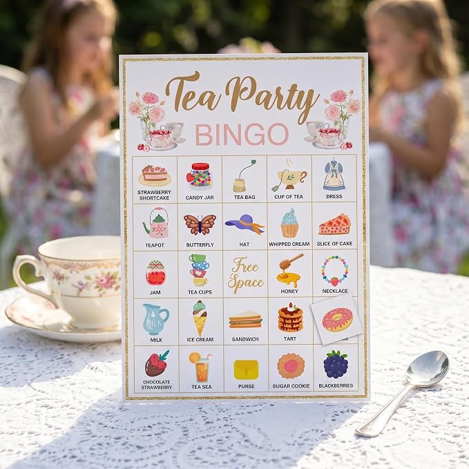 Tea Party Bingo, 24 Players Bingo Game Set for Girls Adults, Tea Party Bingo Games for Bridal Shower, Bachelorette, Wedding, Engagement Party, Tea Party Decorations