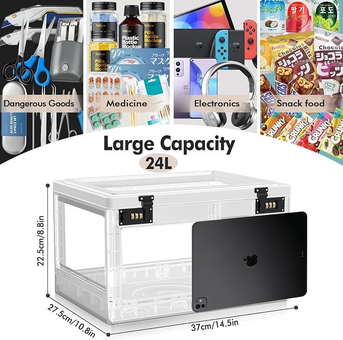 Extra Large Lock Box for Medication Safe, Medicine Lockable Storage Box with Code, Phone Lock Boxes for Video Games, Box with Combination Lock for Snacks/Food, Locking Cabinet for Home/Office (Clear)