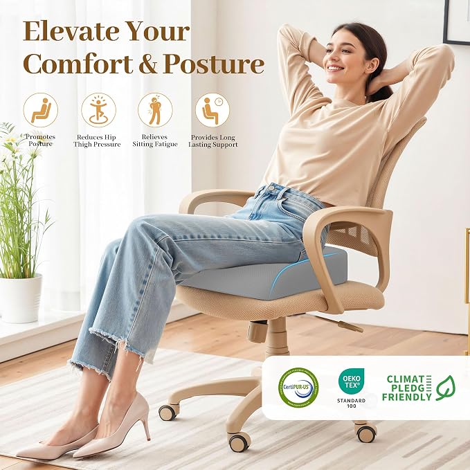 TranquilRelax Memory Foam Seat Cushion for Office Chair, 3-Inch, Light Gray | Medium-firm Support for Long Sitting, Washable Mesh Cover, Non-slip Base, Perfect for Car Seats & Short Drivers