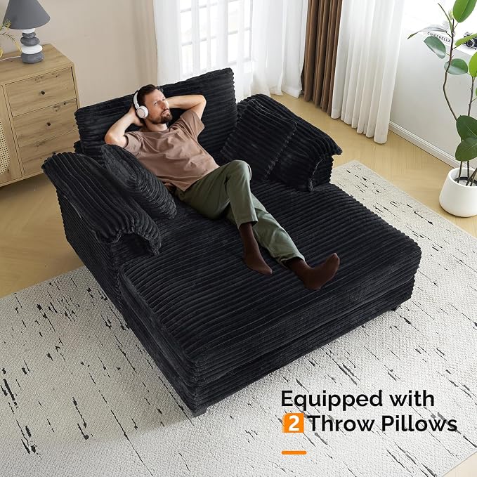 VINGLI 56" Oversized Chaise Lounge Chair, Black Comfy Corduroy Chaise Sofa Recliner Bed Upholstered Sleeper Couch Bed with Throw Pillows and Armrests for Living Room, Movie Room, Bedroom