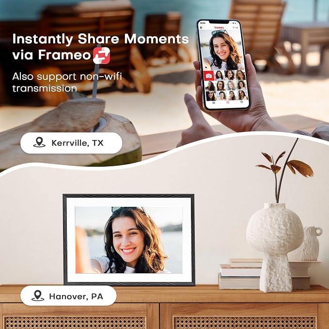Frameo 10.1'' Digital Picture Frame WiFi, 1280 * 800 HD Touch Screen, 32GB Memory, Wall Mountable Digital Photo Frame, Auto-Rotate, Share Instantly, Wedding, Birthday Gifts for Mom