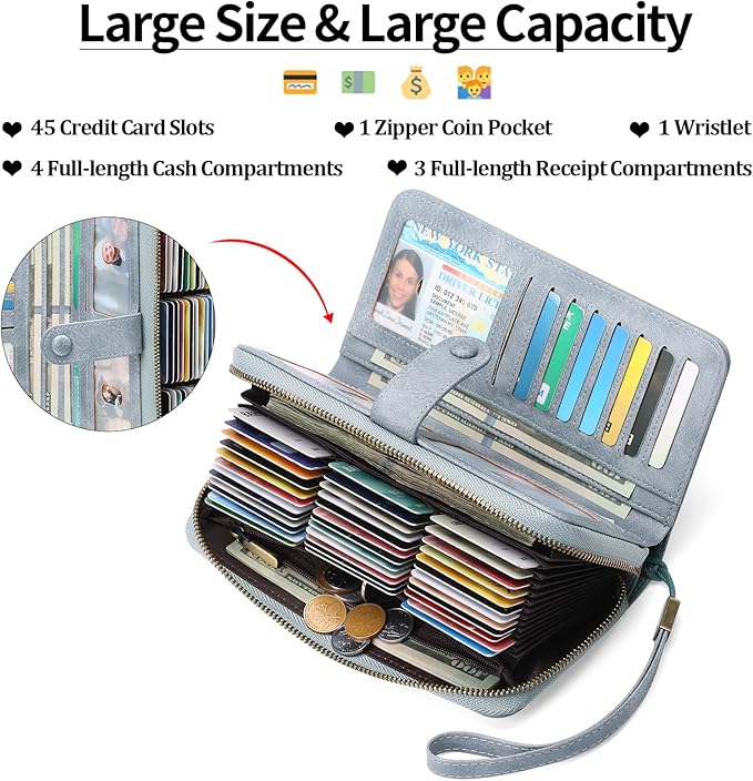 GAEKEAO Leather Credit Card Holder Wallet for Women RFID Blocking Large Capacity Bifold Zipper Card Case Organizer with Wristlet 45 Slots