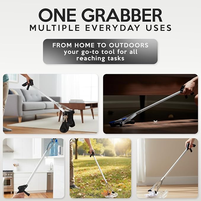 Suction Cup Grabber Reacher 32"" - Elderly Grab It Reaching Pickup Tool Heavy Duty for Seniors - Trash, Sticks, Litter Picker Upper - Extra Long Reach Handle & Handy Extension Arm Claw (2), Grey