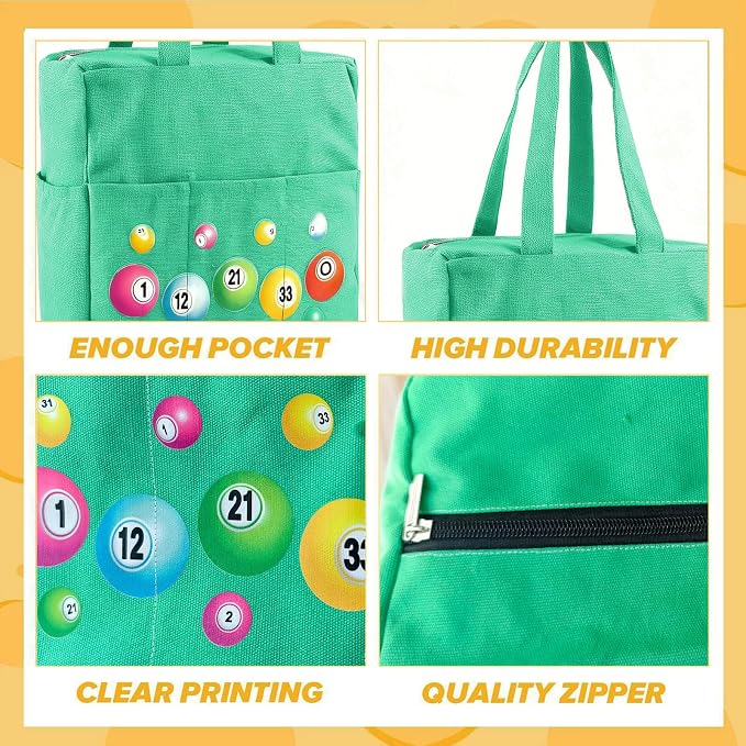 Bingo Bags with Pockets on Clearance, Bingo Bag with Zipper and Polyester Bingo Daubers Makeup Bag, Bingo Bags and Accessories Tote Gifts Game Suitable for Women and Girls (Green)