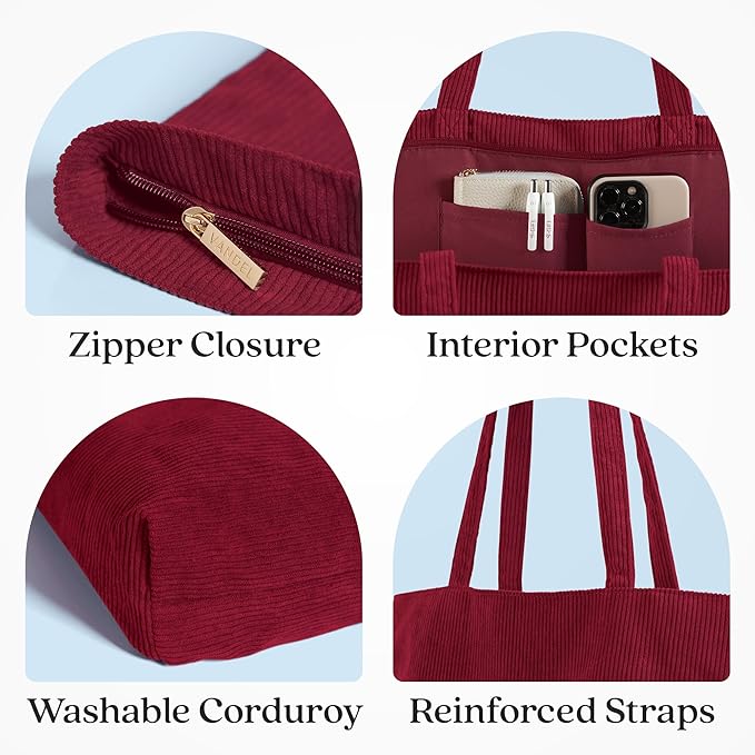 VANDEL Corduroy Tote Bag for Women and Men with Zipper and Inner Pockets. Cute School Tote Bag with Zipper, Aesthetic