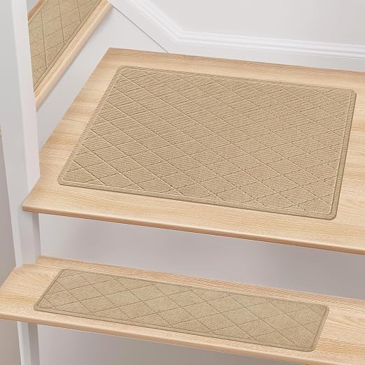 Stair Treads Landing Rug for Wooden Steps Indoor, Peel and Stick Stair Treads Matching-Mat 20"X32" Stair Landing Slip Resistant Polyester Stair Rugs Non Slip for Seniors and Dogs, Beige
