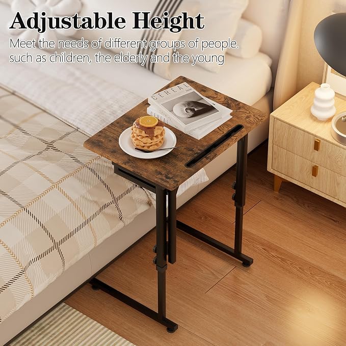 Adjustable Folding TV Tray, C-Shaped Foldable Table for Couch, Brown | Heavy-duty steel frame, No assembly needed, Height adjustable, Folds flat for storage, For Small Space, Living room