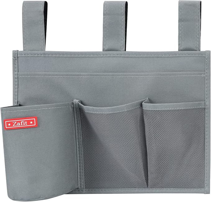 Zafit Hanging Bedside Caddy, Bedside Storage Organizer for Magazine, Phone, Remote control (4 Pockets-Grey)