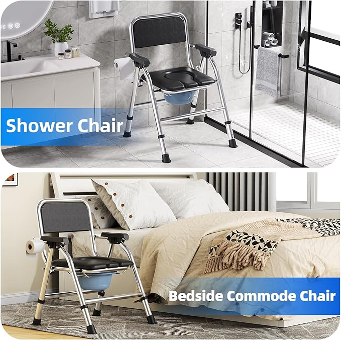 4 in 1 Folding Bedside Commode Chair for Elderly with Arms and Back,Adjustable Height Raised Toilet Seat with Handles,Adults Potty Chair for Seniors,Disabled and Pregnant (with Paper Roll Holder)