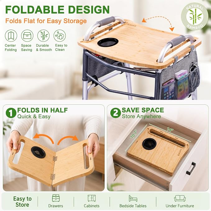 Walker Tray Table with Side Pockets & Cup Holder for Folding Walkers, Foldable Bamboo Walker Tray for Seniors, Stable Walker Accessories with Raised Edges for Meals, Drinks, Reading &Daily Living