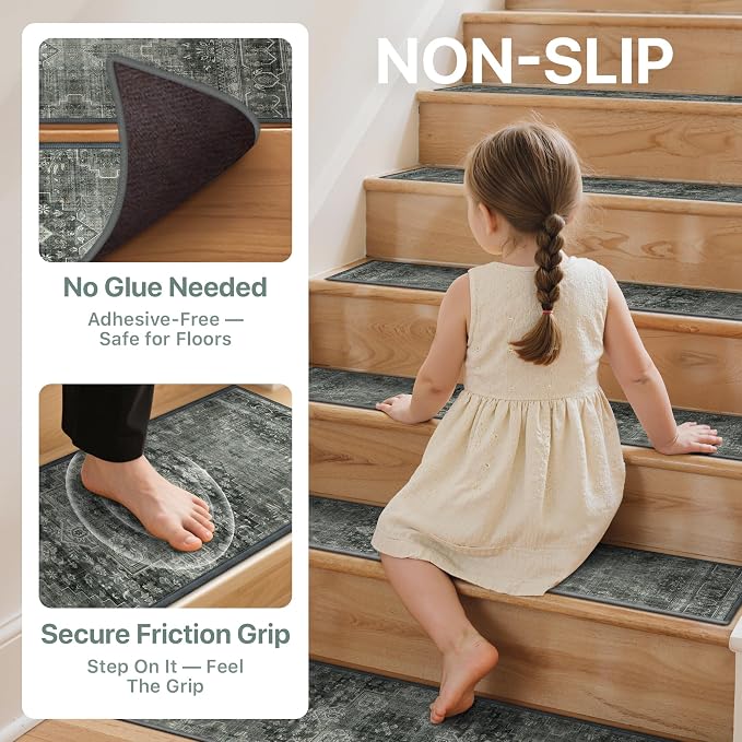 sarben 8"x30" Non Slip Stair Treads for Wooden Steps 15 Pack, Black Gray | Peel and Stick Carpet Stair Runner with TPE Adhesive Backing, Carpet for Added Safety, Pet and Senior Friendly