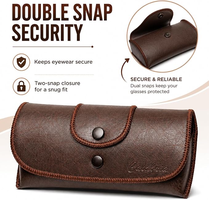 Calabria Double Snap Belt Loop Eyeglass Case PU Leather Brown Old School Vintage Eye Glasses Pouch Semi-Hard Sunglass Holder - 100PACK