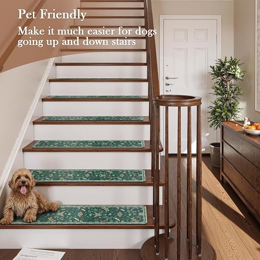 OJIA Insect Stair Treads Non Slip 15PC 8"x30" Stair Runner for Wooden Steps | Indoor Carpet Stair Treads Rubber Stair Mats Residue-Free Staircase Step Treads for Kids, Elders, Pets, Dark Green