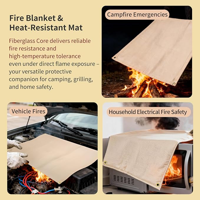 Fireproof Camping Blanket - Heat-Resistant Fiberglass Mat for Outdoor Cooking, BBQ & Emergency (Khaki 12" x 12")
