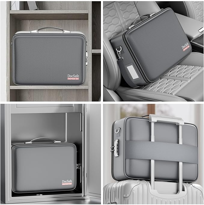 DocSafe Fireproof Document Box Hard Case with Lock ＆ Accordion File Folder | Fire and Water Resistant Safe Box,File Organizer,Multi-Pocket,Home Office Travel Storage for Important Document,Laptop,Gray