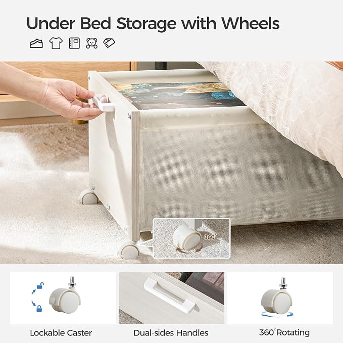 FOUCSSOMEI Under Bed Storage with Wheels, Wooden Under Bed Drawers On Wheels, Rolling Under Bed Shoe Storage, Space Saving,White,Quadruple Size,90L