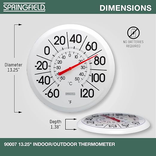 Springfield Indoor Outdoor Big and Bold Thermometer with Mounting Bracket, Easy to Read Numbers for Patio, Pool, and Indoor Areas, 13.25-Inch, White