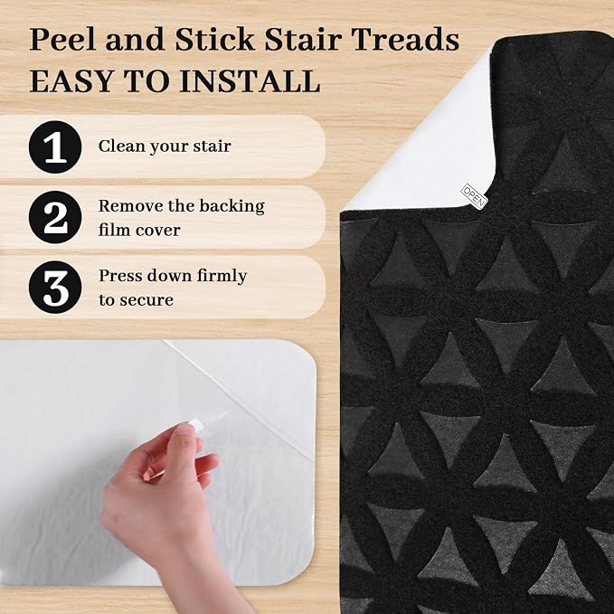 RIOLAND Non-Slip Carpet Stair Treads for Wooden Steps Indoor, 8" X 30", 15 Pack Peel and Stick Stair Treads Runners for Kids Elders and Pets, Black