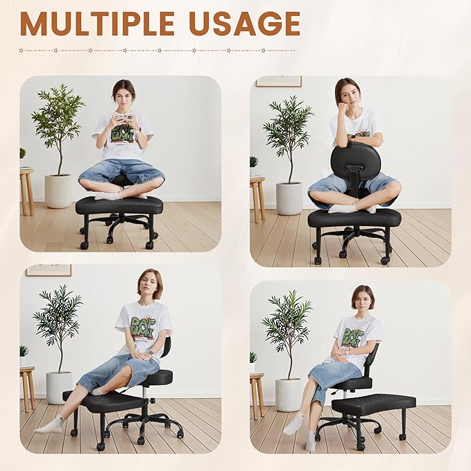 Ergonomic Cross Legged Office Chair with Wheels - Adjustable Height Kneeling Meditation Chairs for ADHD, Yoga & Desk Work - Wide Criss Cross Seat with Lumbar Support, Black