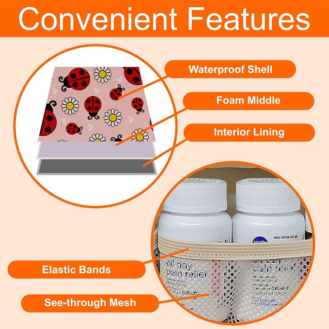 Medium Travel Pill Bottle Organizer, Child Medicine Bag with Zipper Toy, Carrier for Kids Medications and Medical Supplies - Lady Bugs
