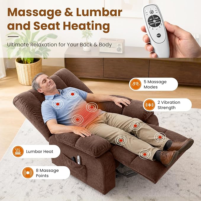 Electric Power Lift Recliner Chair Sofa with Massage and Heat for Elderly,Lift Chair with Front Pocket & Side Pockets for Living Room