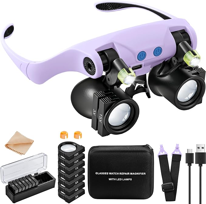 JARLINK Magnifying Glasses with LED Light, Hands Free Magnifier with 14 Interchangeable Lenses 3X 4X 5X 6X 7X 10X 15X, Magnifying Glasses for Close Work, Crafts, Jewelry, Electronics Repair (Purple)