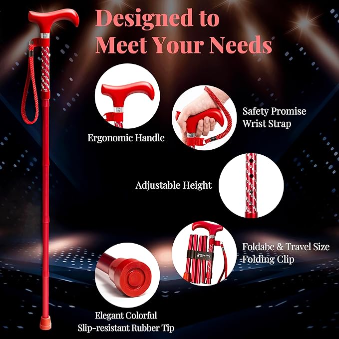 Merry Sticks Lightweight Foldable Walking Canes for Women and Men, Adjustable & Collapsible Walking Stick for Seniors, Balancing Mobility Aids, Ergonomic Handle & Wrist Strap - Dazzling Red