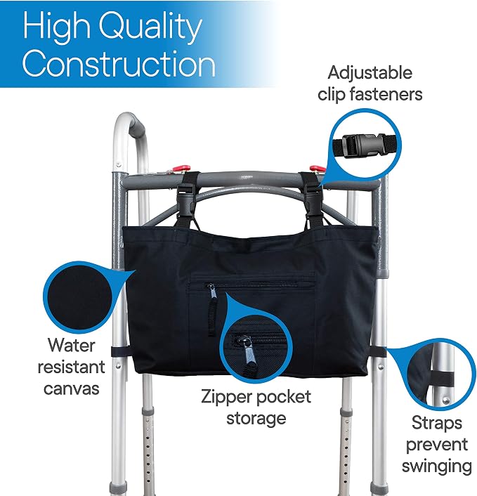 RMS Water Resistant Tote Bag for Walker, Rollator or Scooter (Black) | Walker Bag and Organizer, Carry a phone, wallet and personal items on a walker, rollator or scooter within easy reach