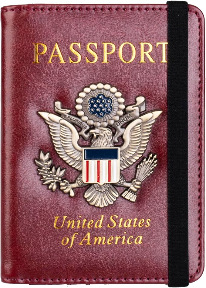 TOURSUIT RFID Blocking Passport Holder, Leather Travel Wallet, Rose Red | Travel Document Holder Cover Accessories, 3D Metal Badge, For Women Men