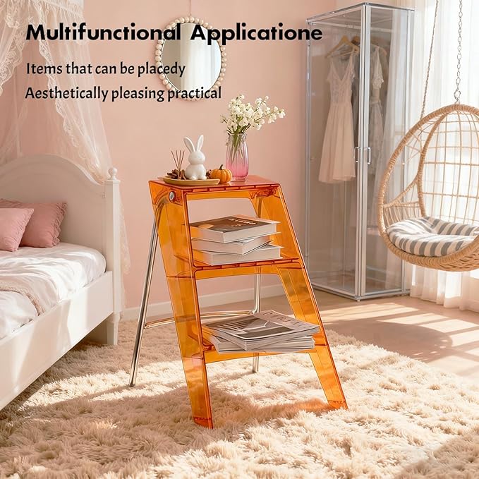 Acrylic 3 Step Ladder Folding Step Stool for Adults Foldable Small Step Stool Ladder for Kitchen Plastic Stepladder Modern Collapsible Ladder for Closet Home Bathroom Indoor (Transparent Orange)