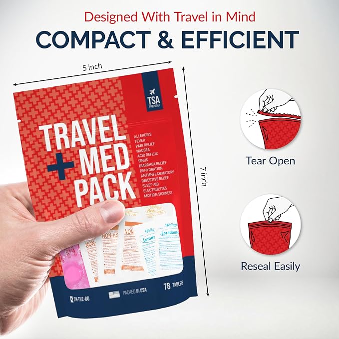 Travel Medicine Kit - 78-Piece TSA-Approved Urgent Care Kit Medication Pack for Flights, Cruises & International Travel | Individually Wrapped OTC Medication Essentials